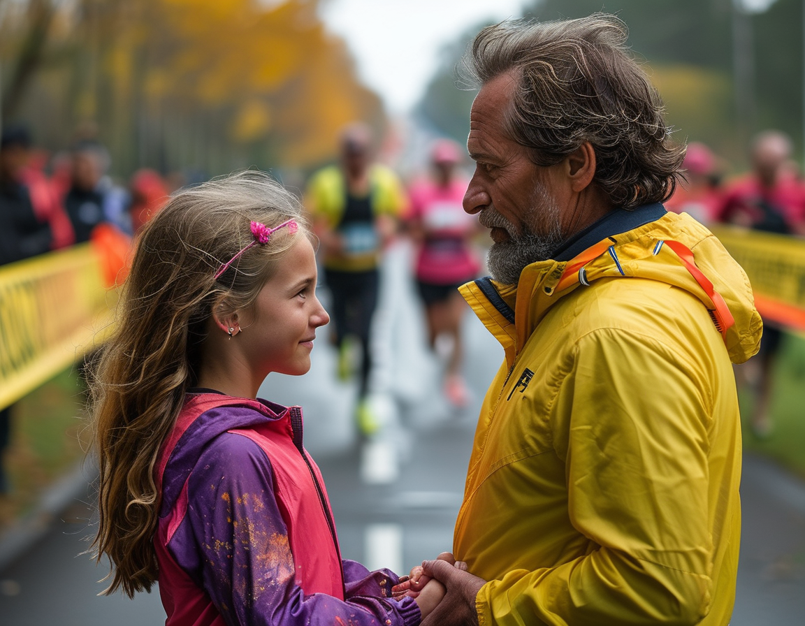 A somber moment capturing a father and daughter holding hands, symbolizing love and loss, surrounded by a backdrop of awareness ribbons and marathon runners.