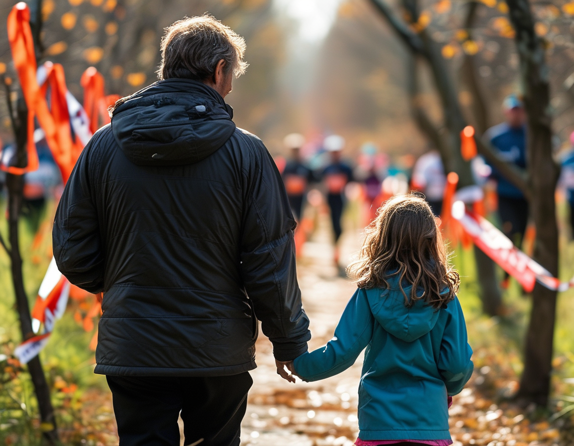 An emotional scene of a daughter running in a marathon, dressed in a shirt bearing her father's name, showcasing her dedication to raising awareness for brain cancer.