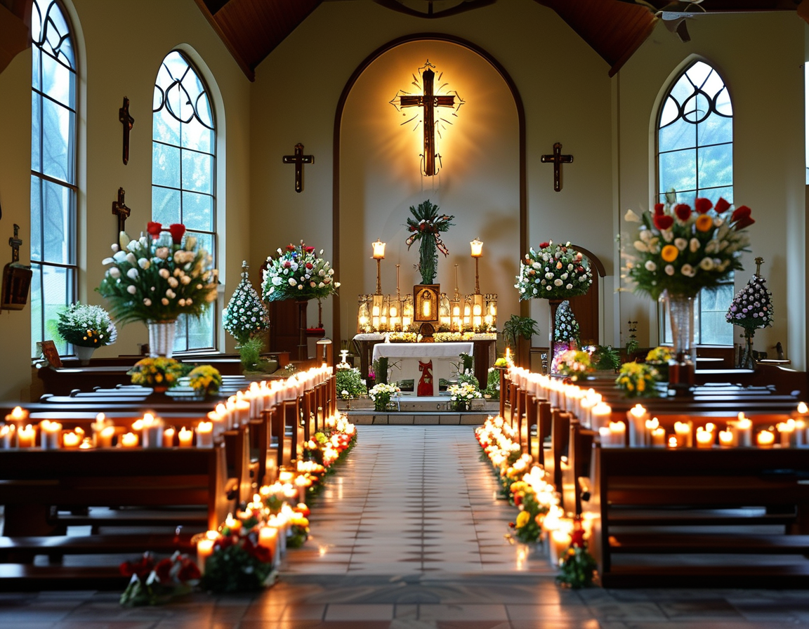 A somber church interior, where Rev. Clint Dobson once preached, now representing the tragic loss of a community leader, filled with candlelight and flowers in memory.