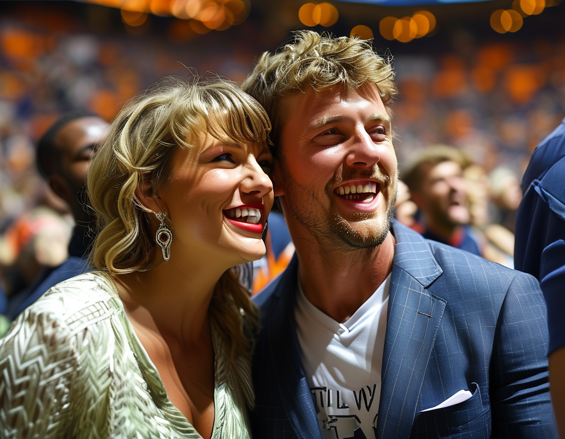 An engaging scene from the Super Bowl, featuring a packed stadium with fans cheering, and Travis Kelce preparing to take the field, highlighting the anticipation of the big game and Taylor Swift's presence.