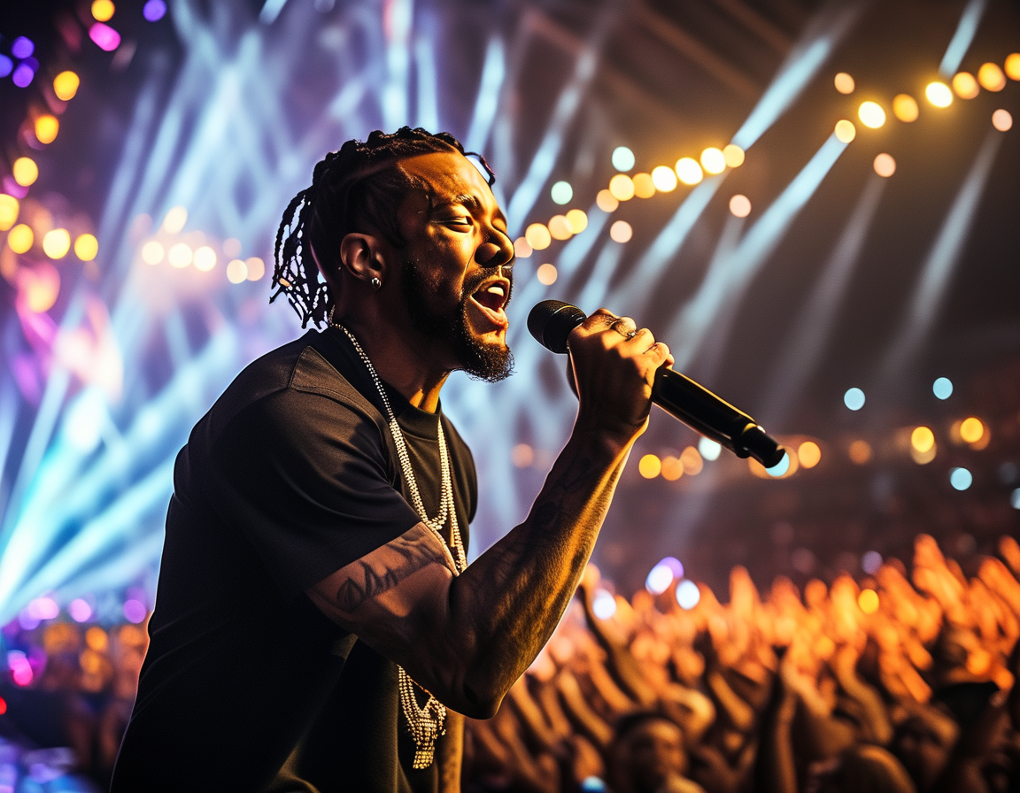 Kendrick Lamar passionately performing on stage at the Super Bowl halftime show, with vibrant lights and a cheering audience in the background, ready to deliver an impactful performance.