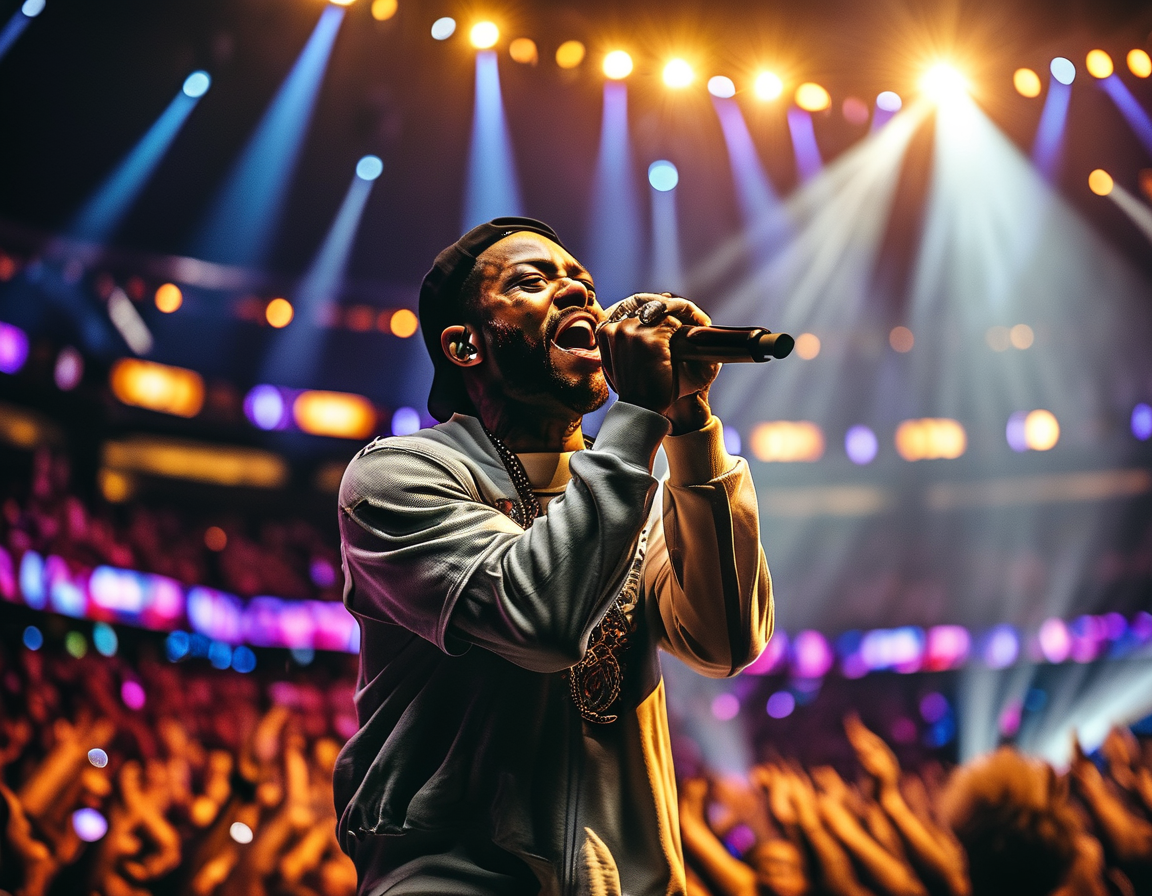 SZA joining Kendrick Lamar on stage, both artists showcasing their dynamic energy and chemistry in front of a lively crowd at the Super Bowl halftime show.