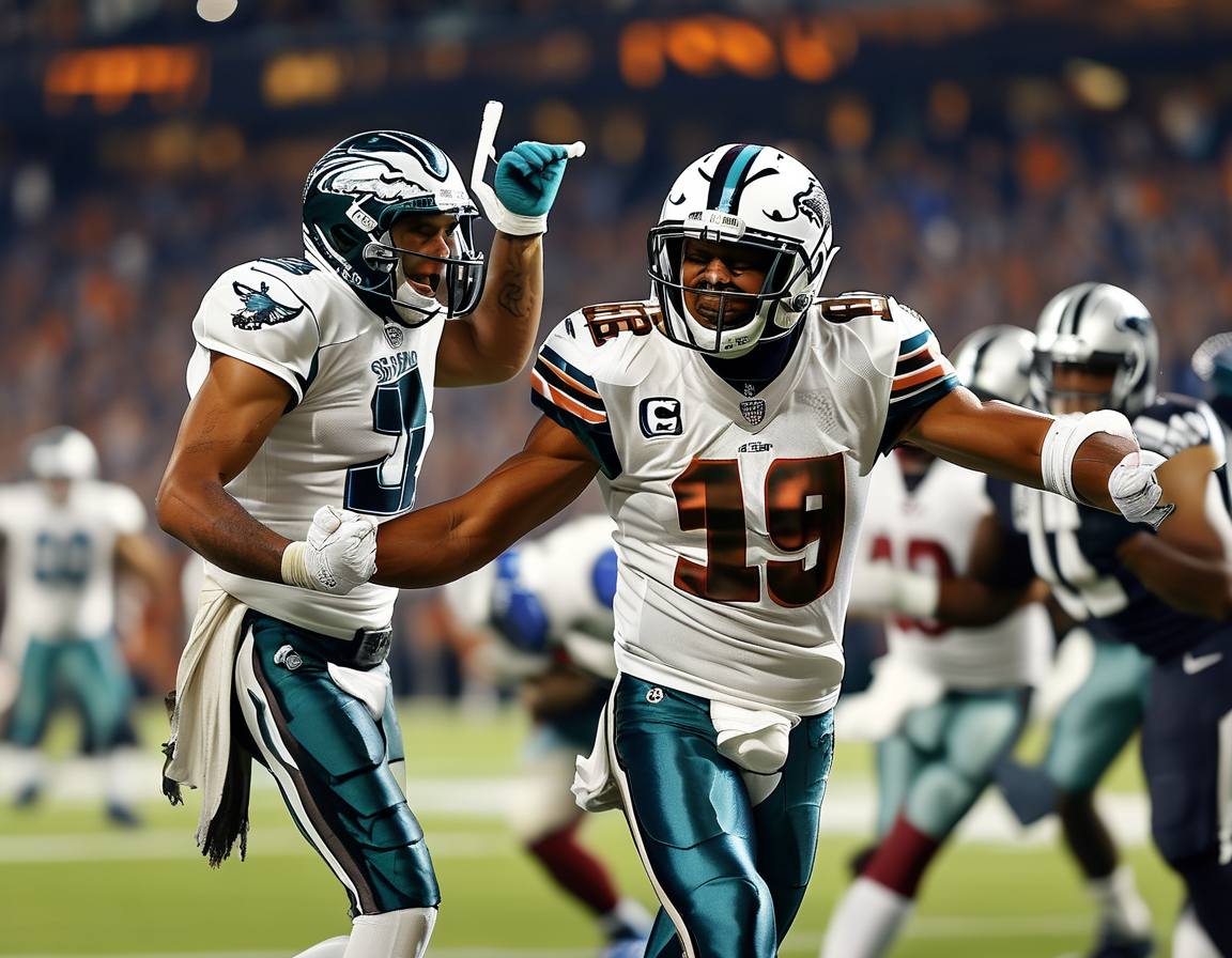 A dramatic on-field moment from Super Bowl LIX showing Eagles players celebrating an interception against Chiefs quarterback Patrick Mahomes, capturing the intensity of the game's fierce defense.