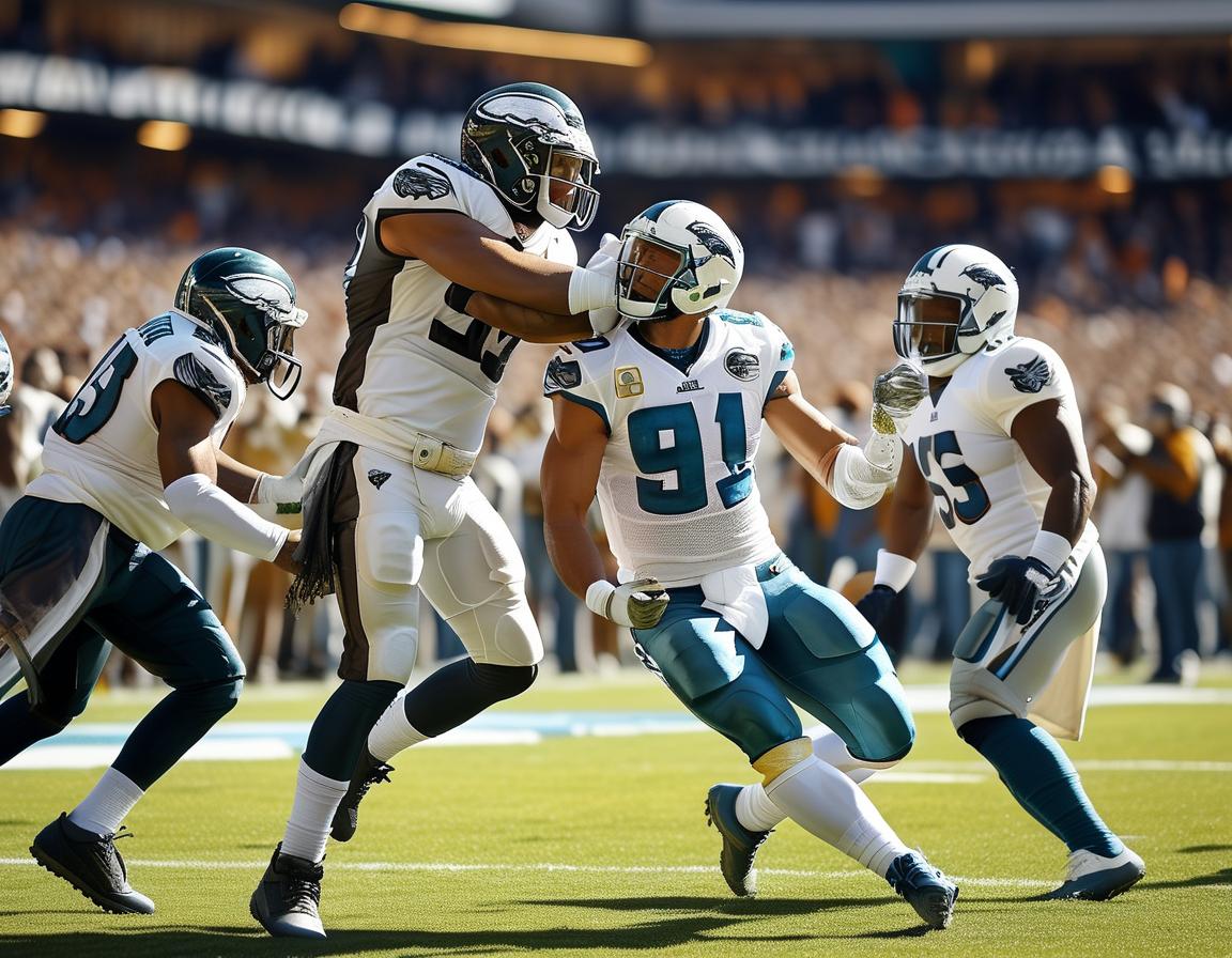 A close-up of Eagles defensive players strategizing during a timeout, symbolizing their preparation and focus that led to a dominating performance against Mahomes.