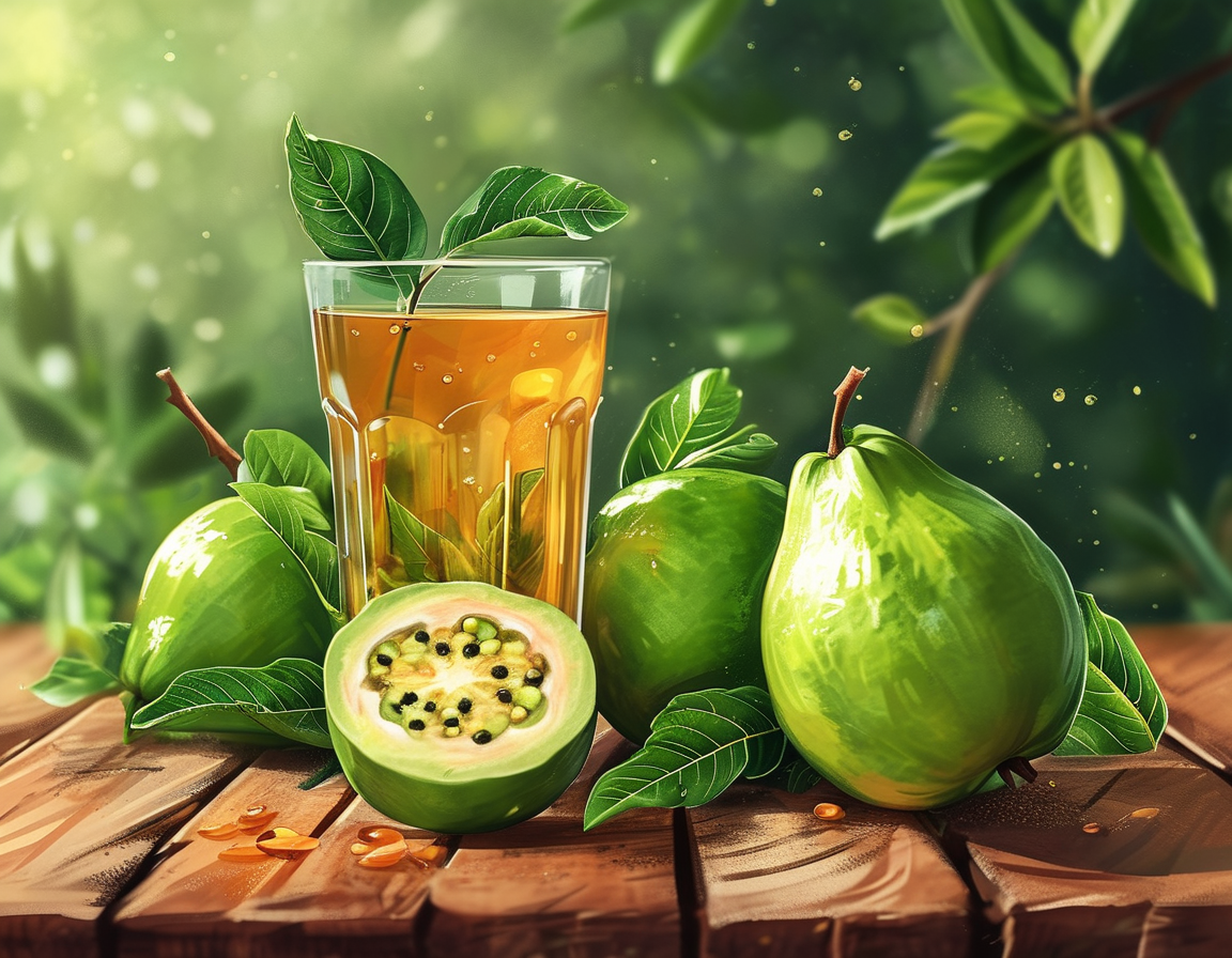An illustration of fresh guava leaves on a wooden table, surrounded by a cup of guava leaf tea, emphasizing their use as a natural remedy for health benefits.