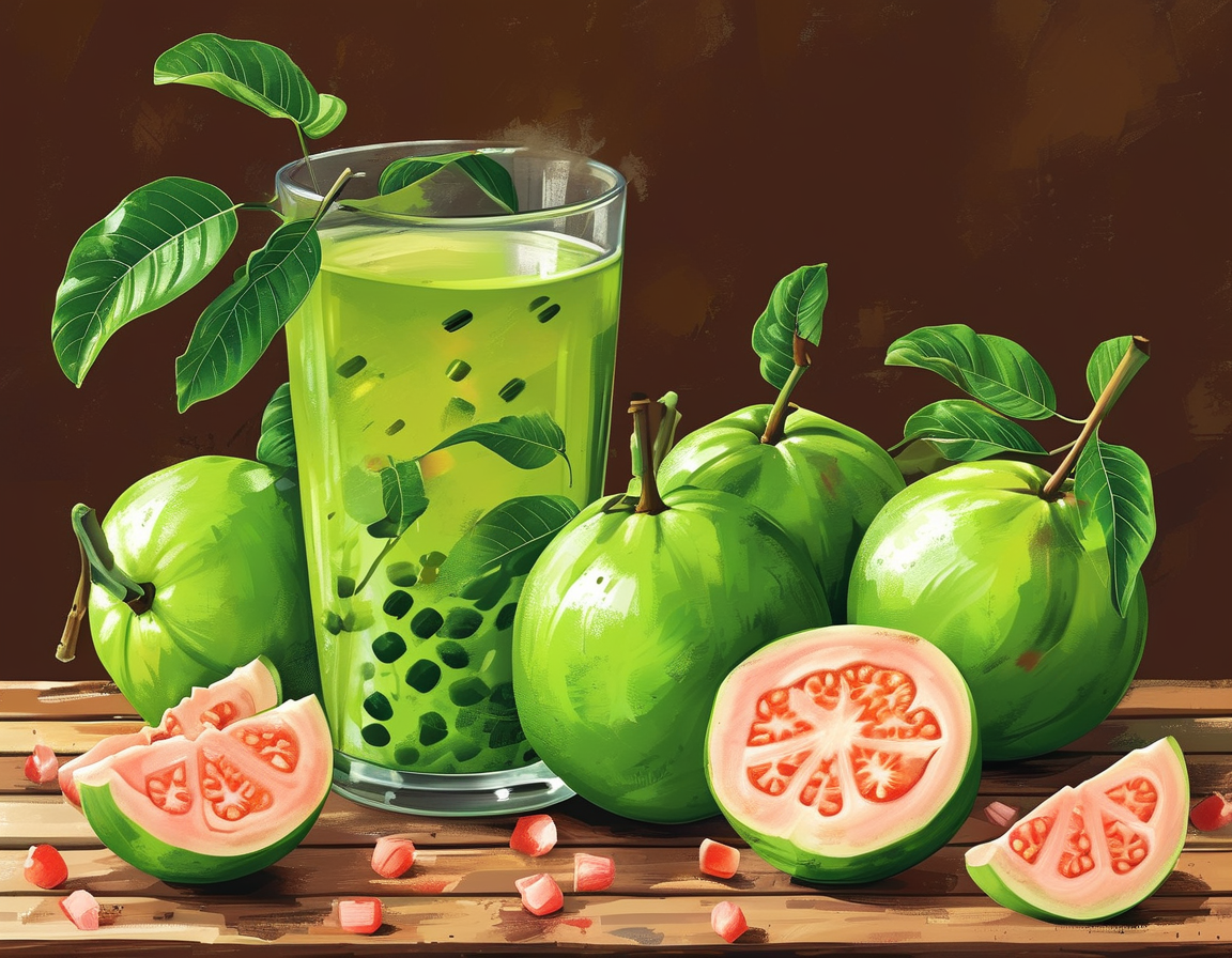 A serene setting featuring a woman rinsing her hair with guava leaf-infused water, highlighting the leaves' benefits for hair strength and growth.
