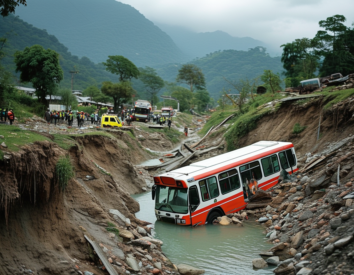 Rescue workers and emergency responders gathering around the wreckage of the bus, illustrating the heartbreak and chaos that followed the tragic plunge.