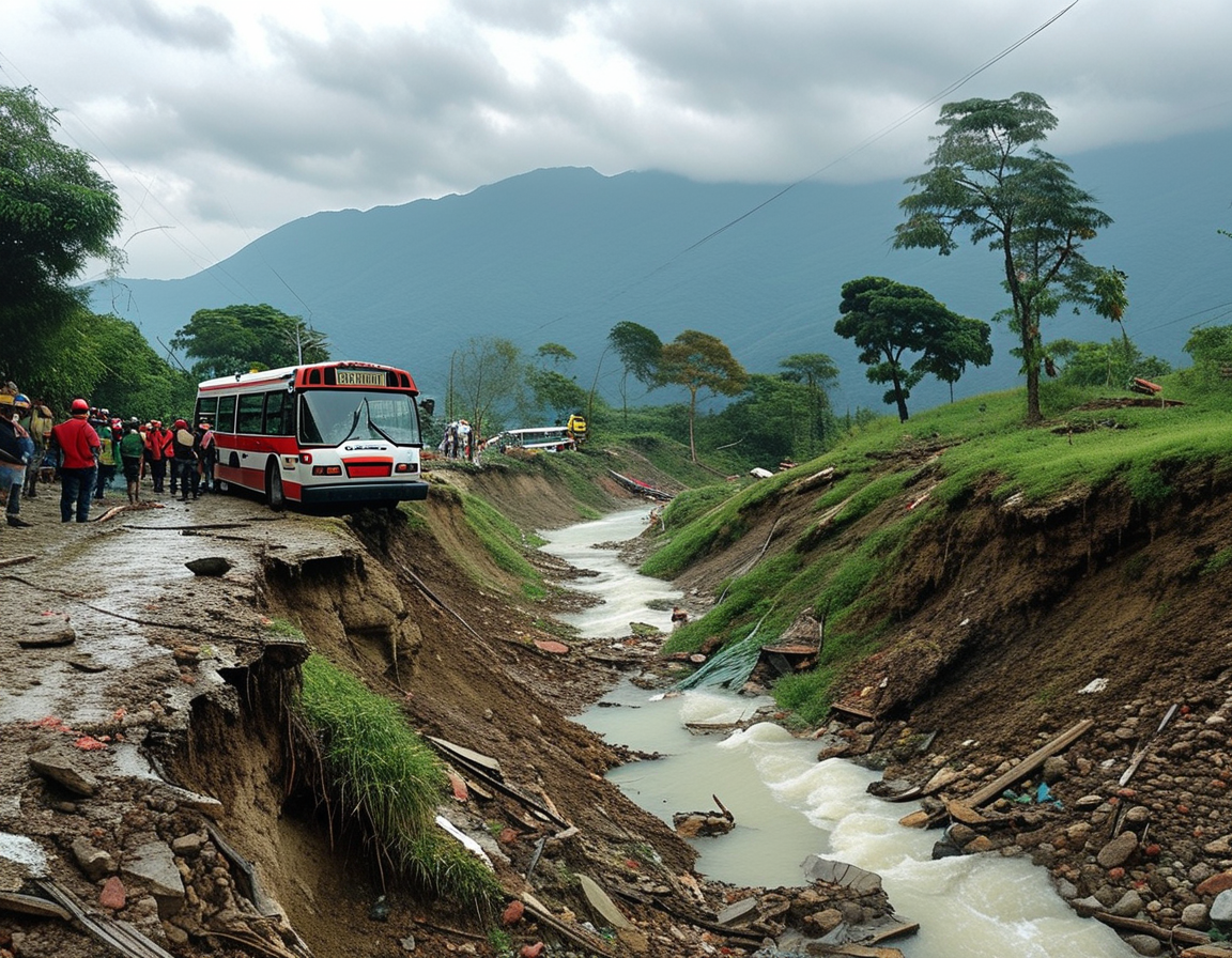 An aerial view of the accident site, showcasing the steep ravine and the aftermath of the bus plunge, surrounded by onlookers and rescue efforts.