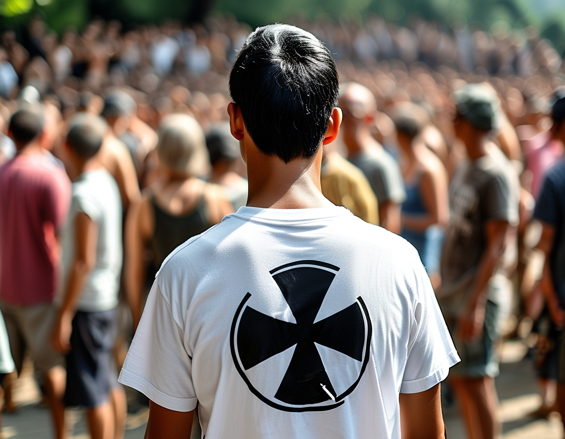 A stark image of a white T-shirt with a black swastika centered on the shirt, symbolizing the controversial message behind Ye's recent merchandise. The background is a blurred crowd, representing public reaction and outrage.