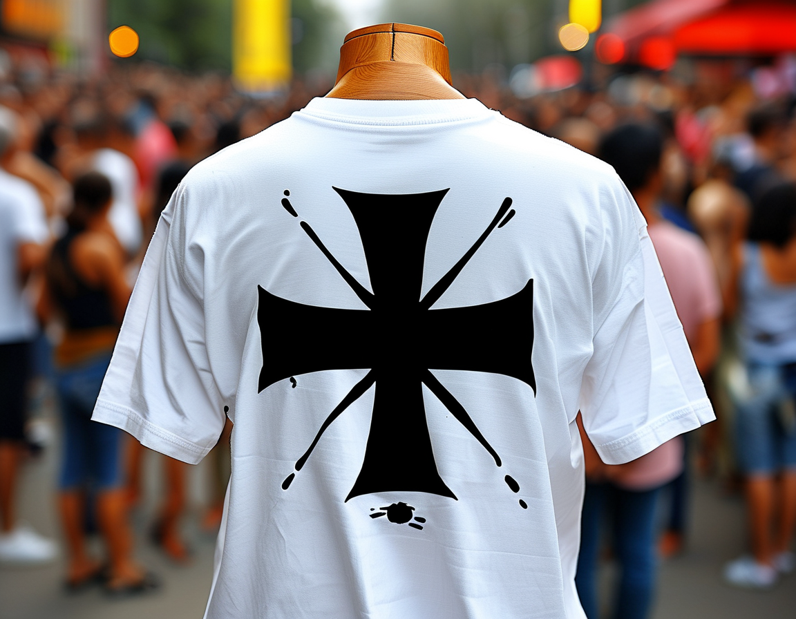 An illustration of a protest against hate symbols, featuring diverse individuals holding signs criticizing antisemitism and advocating for social responsibility in art, highlighting the community's response to Ye's merchandise.