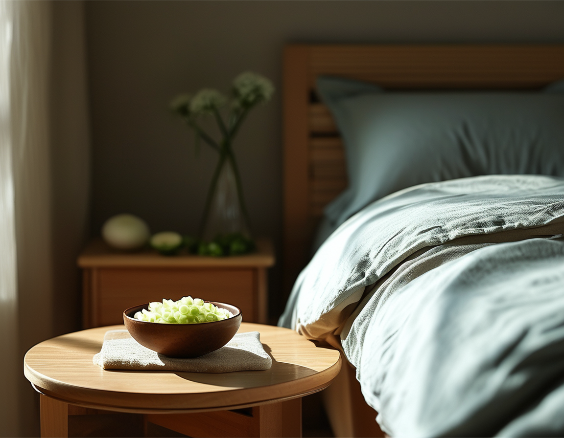A calming bedroom scene featuring a bedside table with a small bowl of chopped onions, suggesting their air purifying and sleep-enhancing benefits. Dim lighting creates a serene atmosphere.