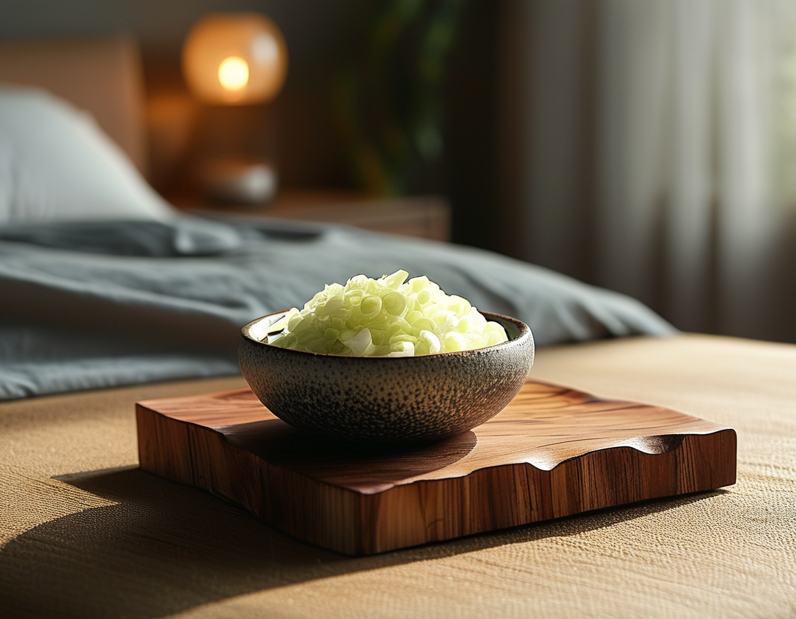 An illustrative image showing sliced onions on a plate next to a bed, emphasizing their natural remedy properties for cough relief and better sleep, alongside a stack of calming books.
