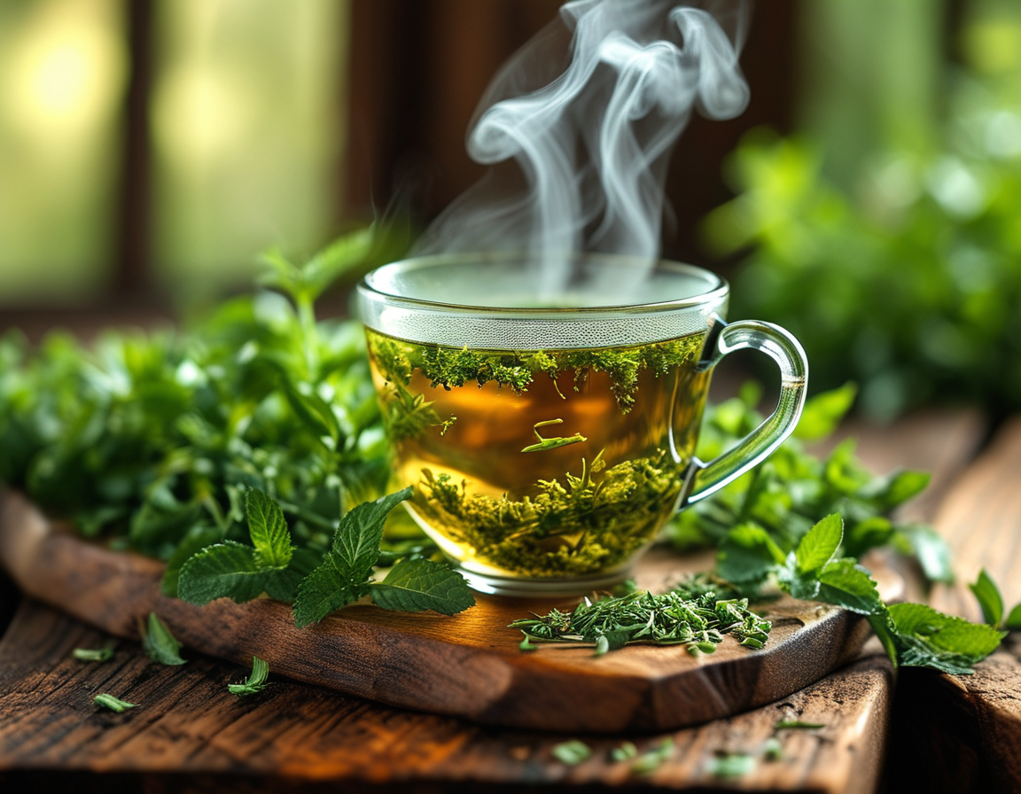 A steaming cup of mugwort tea placed on a wooden table, surrounded by fresh mugwort leaves, symbolizing natural wellness and herbal remedies.