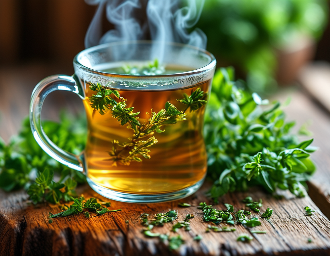 An assortment of herbal teas, highlighting mugwort as a key ingredient, with flowers and dried herbs in the background for a holistic vibe.