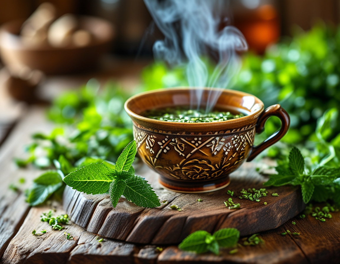A serene scene of a person relaxing in a bath infused with mugwort, showcasing the calming effects of the herb and promoting self-care.