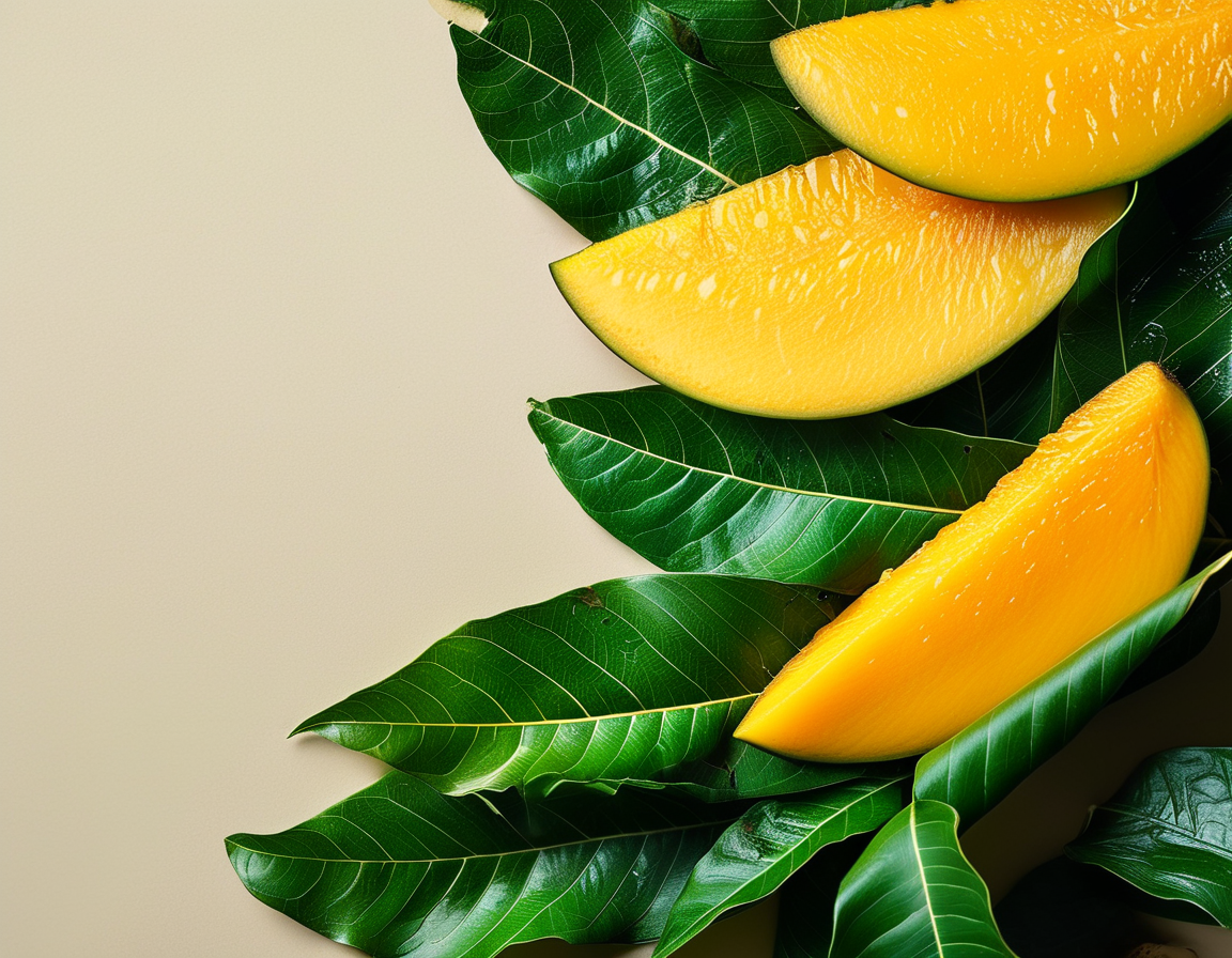 A close-up shot of fresh mango leaves, showcasing the vibrant green color and delicate texture, set against a neutral background to highlight their natural beauty.