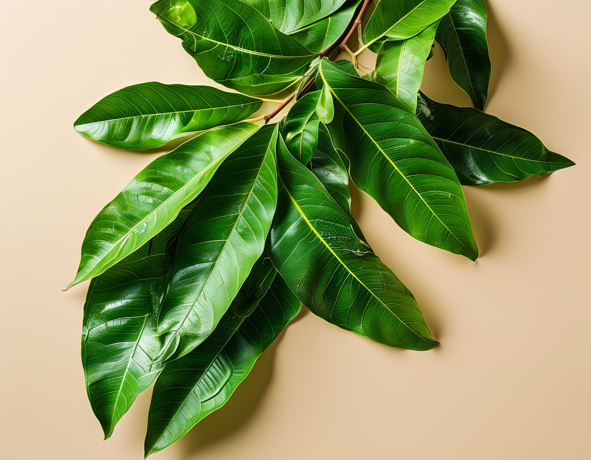 A steaming cup of mango leaf tea beside a few mango leaves and a notebook, suggesting a calming tea ritual for health and relaxation.