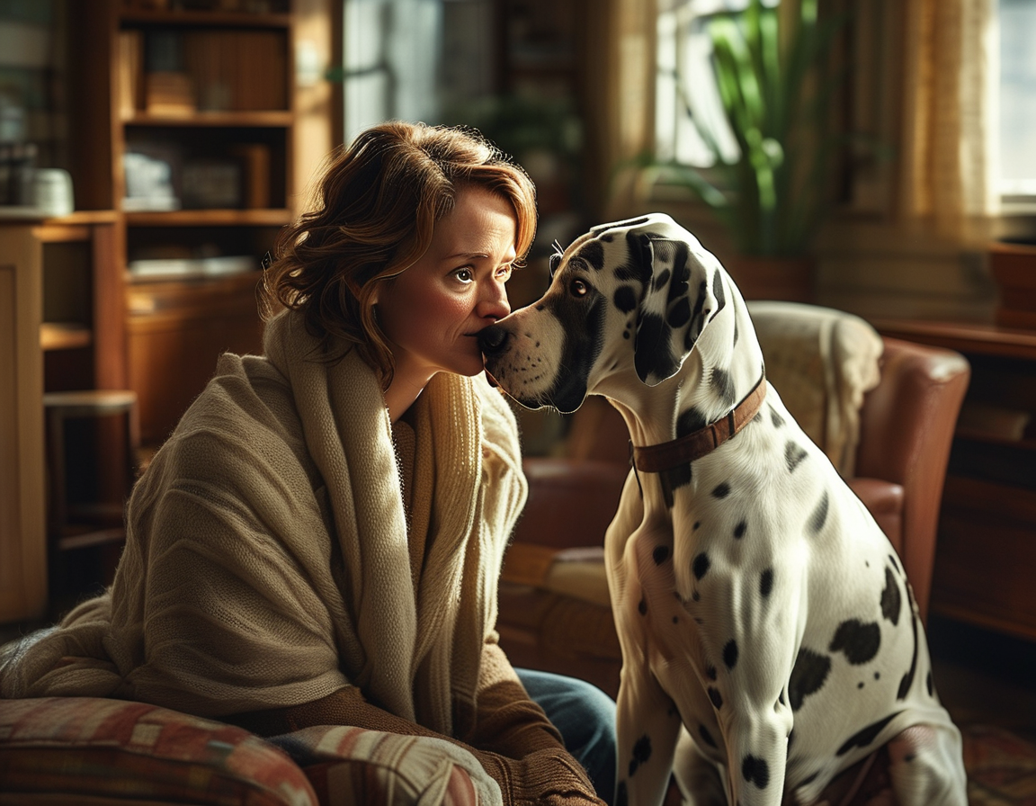 An emotional scene showing Naomi Watts, playing Iris, bonding with a large Great Dane in a cozy New York apartment, reflecting the turmoil and humor of navigating grief with a pet.