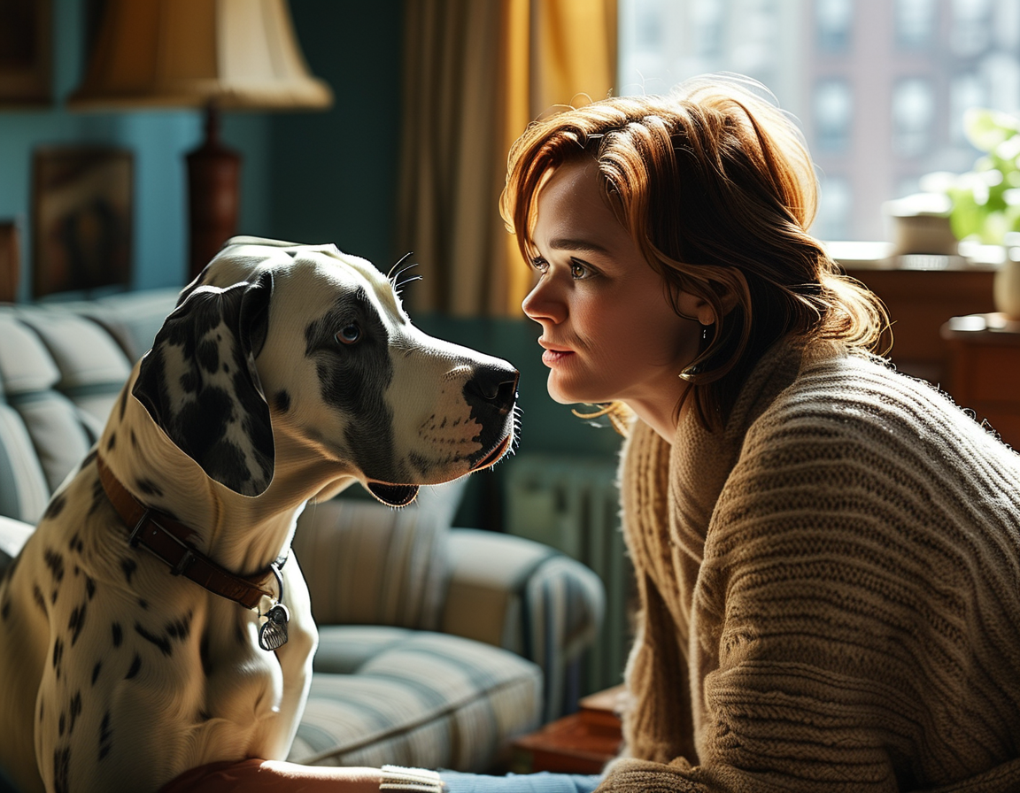 Iris, played by Naomi Watts, standing in a chaotic living room with eviction notices and furniture knocked over, symbolizing the upheaval in her life after her mentor's passing.