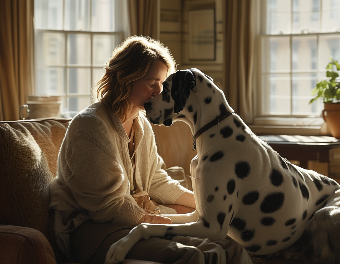 A heartfelt moment during a walk, Naomi Watts smiling with the Great Dane by her side in a park, showcasing the growing bond and solace found in pet companionship amidst grief.