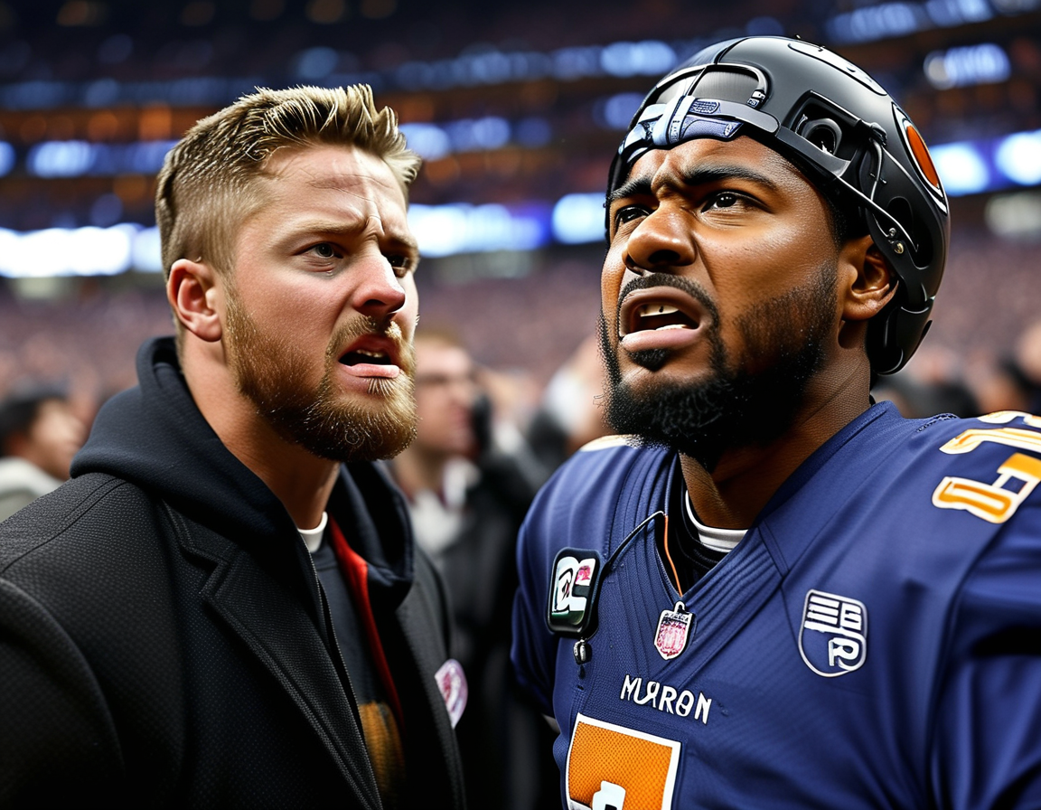 A dramatic moment within a stadium, filled with fans, as the confrontation unfolds between John Rocker and Patrick Mahomes Sr., emphasizing the tension between the two sports figures.