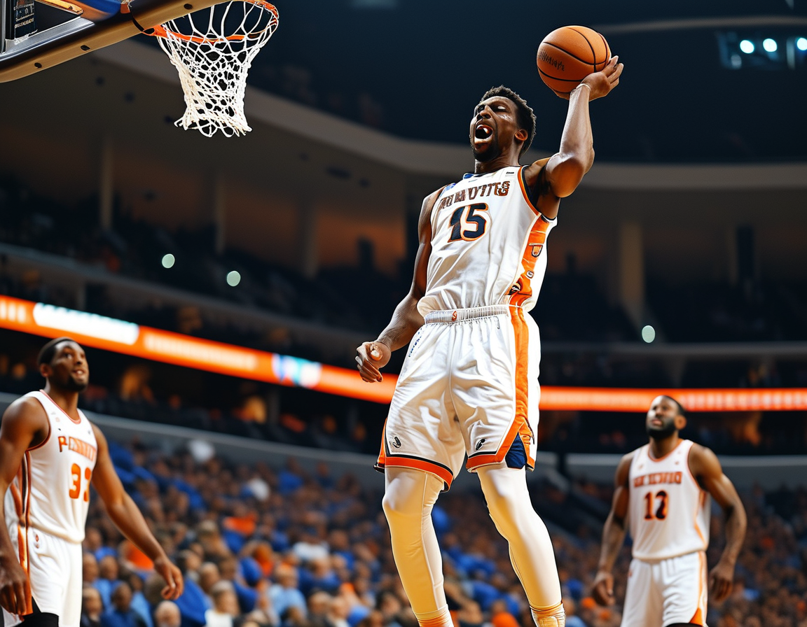 A vibrant scene from Gainbridge Fieldhouse capturing fans cheering wildly as Pacers forward Bennedict Mathurin soars for a stunning dunk during a thrilling game against the New York Knicks.