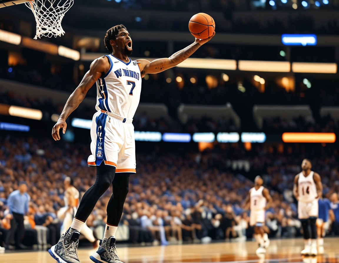 An intense moment on the court featuring Pacers guard Andrew Nembhard attempting a crucial three-pointer while Knicks defenders fiercely contest the shot, highlighting the game's competitive spirit.