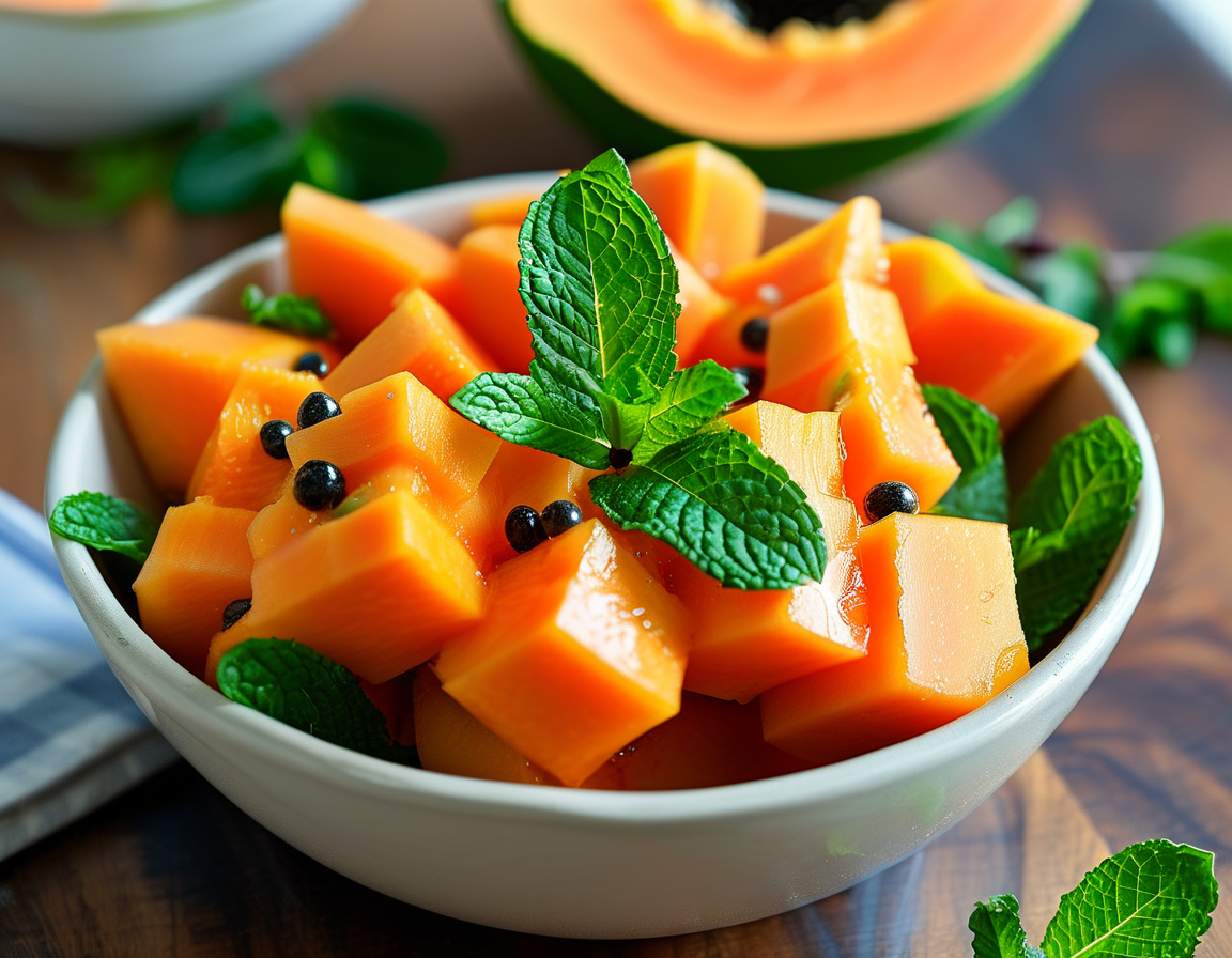 A vibrant bowl of fresh papaya slices garnished with mint leaves set in a bright kitchen, symbolizing health and nutrition.