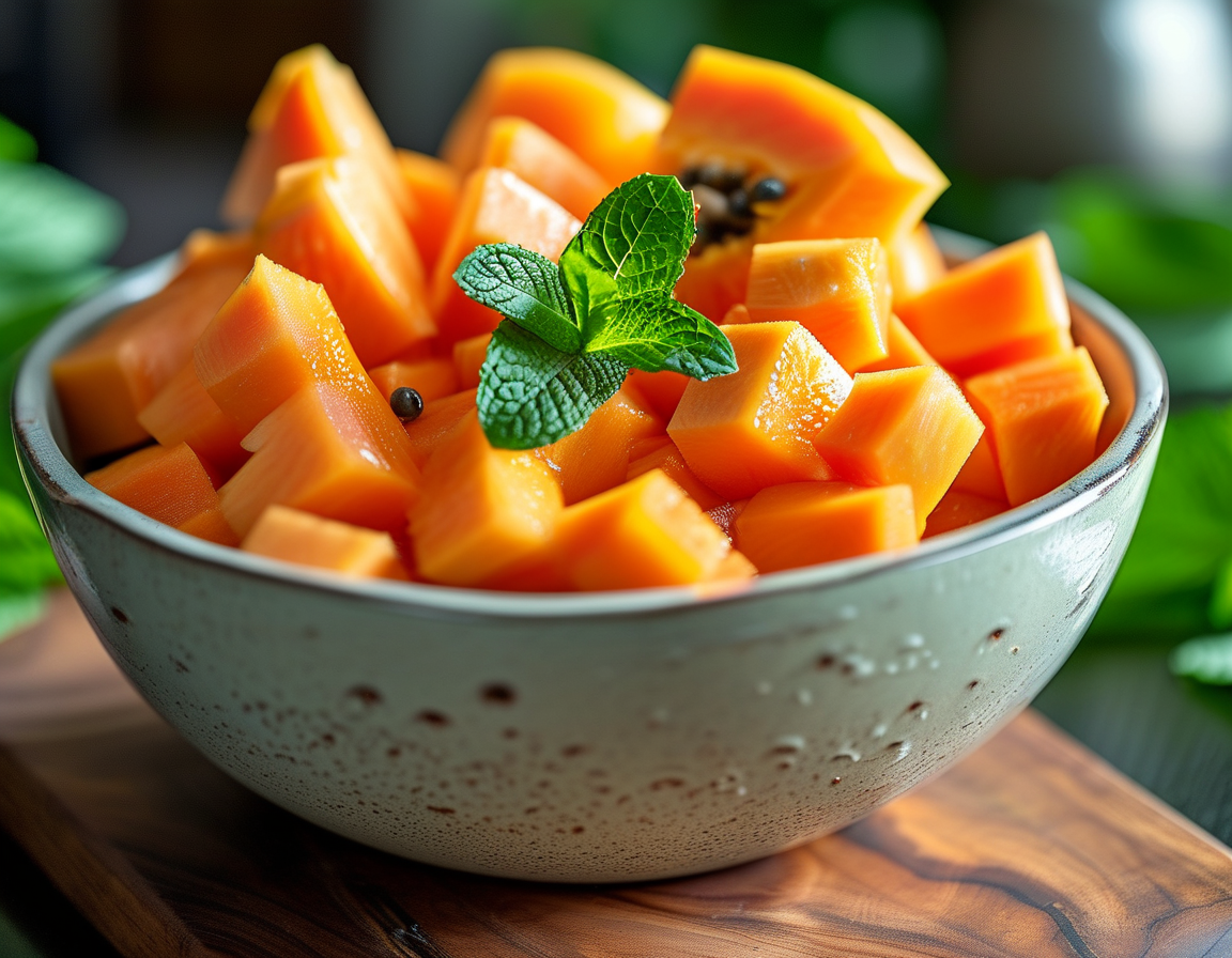 A close-up view of papaya seeds and pulp, highlighting its texture and rich color, evoking thoughts of health and vitality.