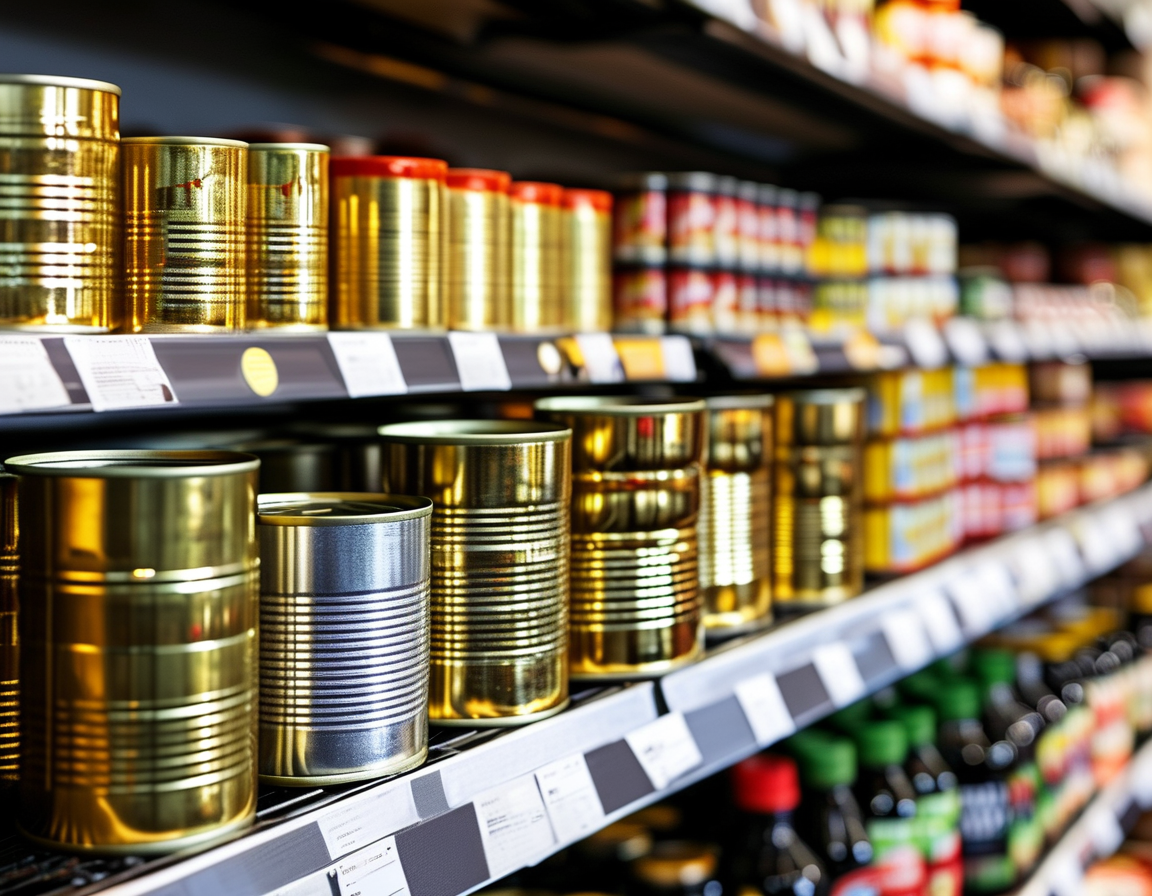 An array of canned tuna products displayed on a grocery store shelf, highlighting brands involved in the recent recall. The focus is on the importance of food safety and awareness in grocery shopping.