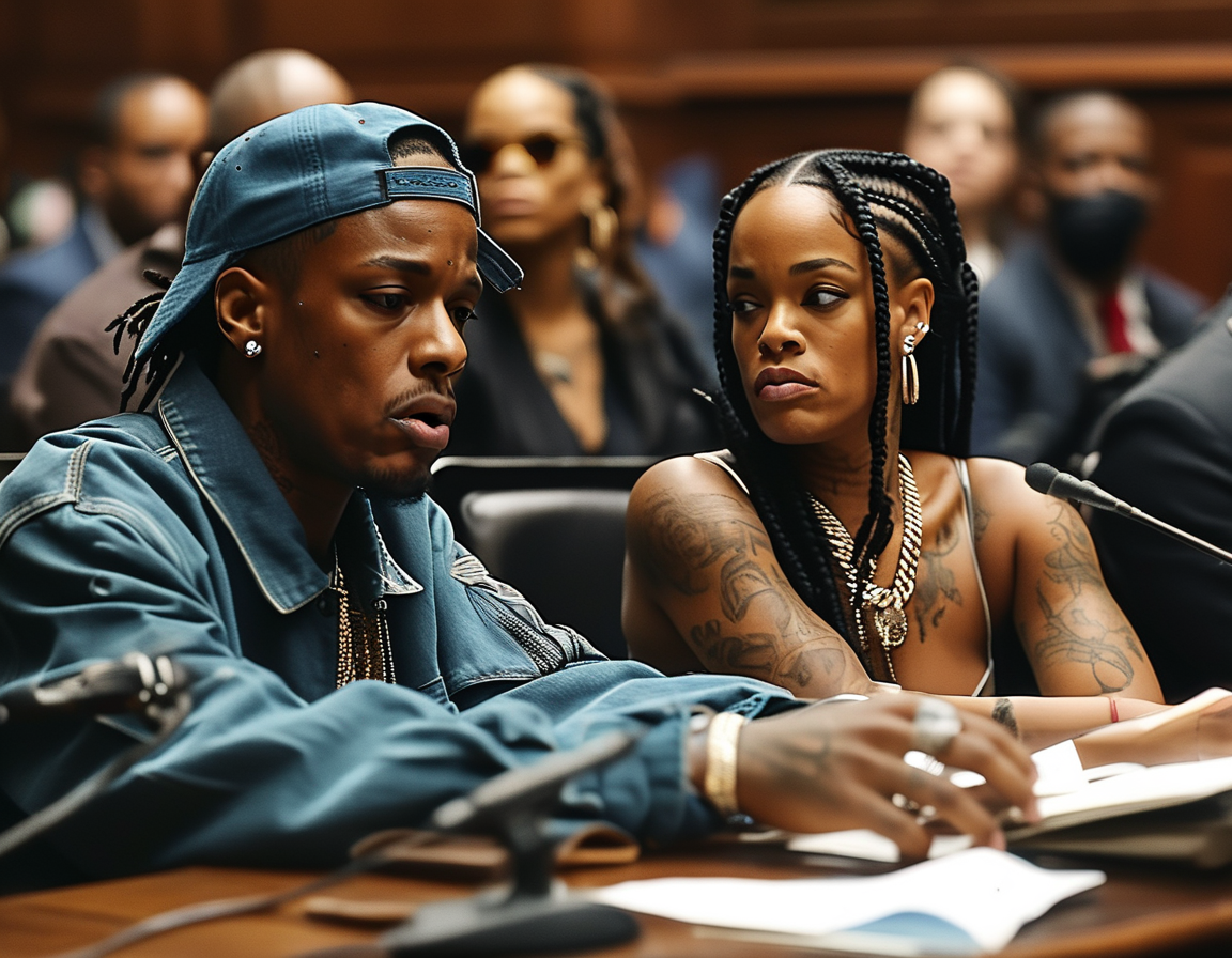 A$AP Rocky in court, with his attorney discussing strategy while Rihanna sits supportively in the background, reflecting the tension of the trial.