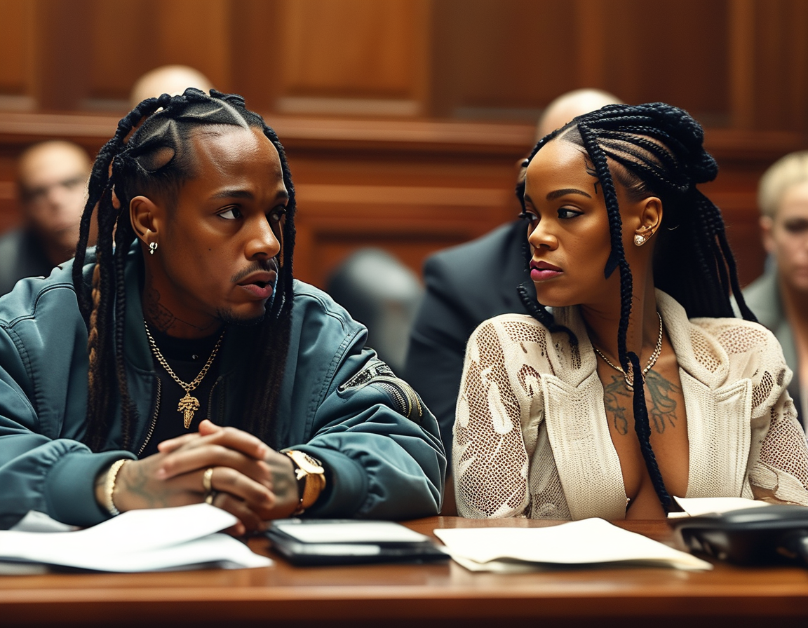 A close-up of the courtroom during A$AP Rocky's trial, highlighting the serious atmosphere as the judge addresses Rocky's decision to invoke the Fifth Amendment.