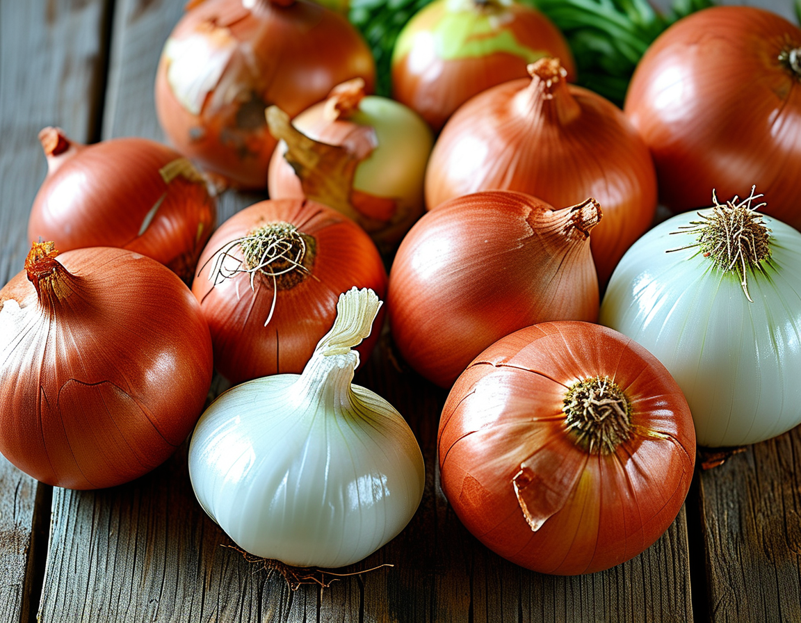 A vibrant assortment of different onion varieties, including red, yellow, and white onions, arranged on a rustic wooden surface to emphasize their appeal and health benefits.