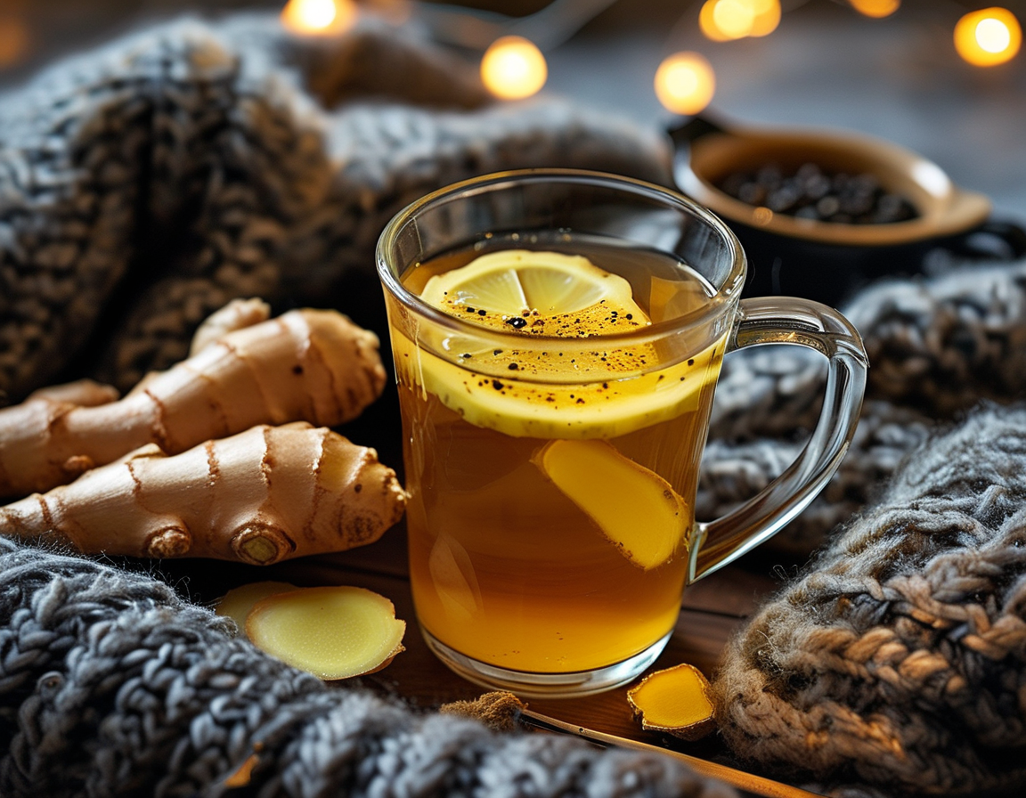 An overhead shot of ginger root and black peppercorns beside a steaming cup of Lipton tea, highlighting the ingredients that ease menstrual discomfort.