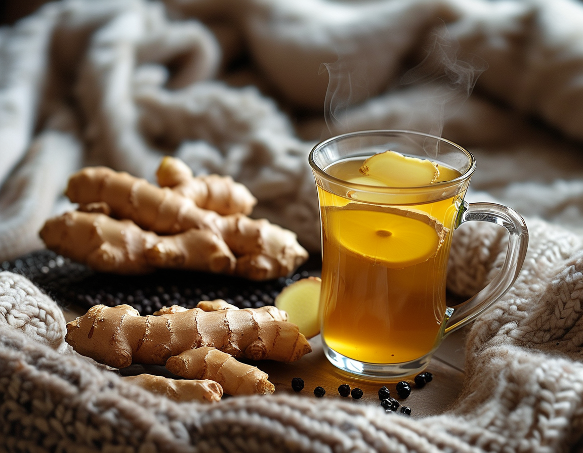 A woman's hand holding a warm cup of ginger tea, with soothing elements like the blanket and herbal ingredients in the background, representing relaxation and pain relief.