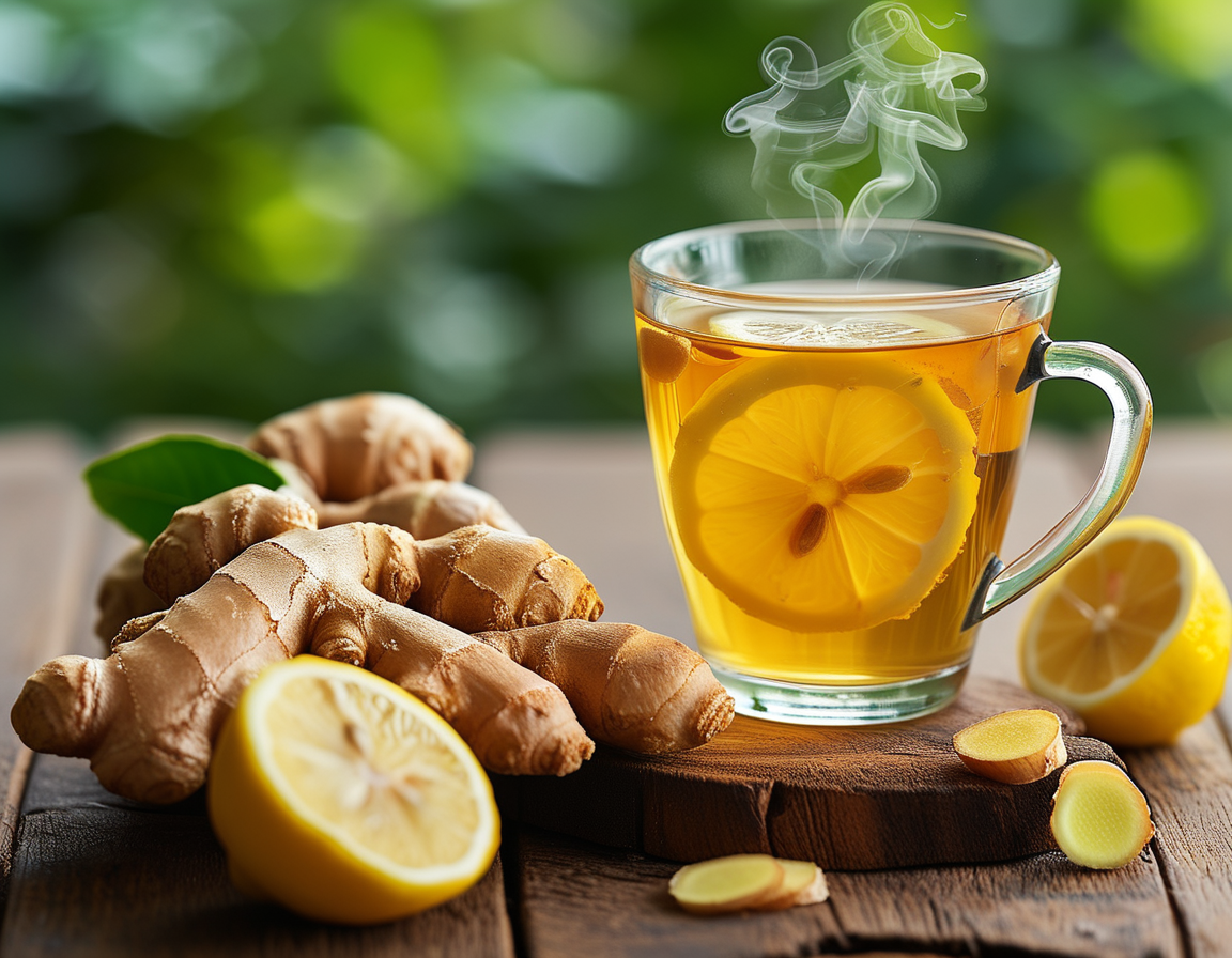 A vibrant image of fresh ginger root and sliced lemon on a wooden table, with a steaming cup of ginger lemon tea in the background, symbolizing health and wellness.