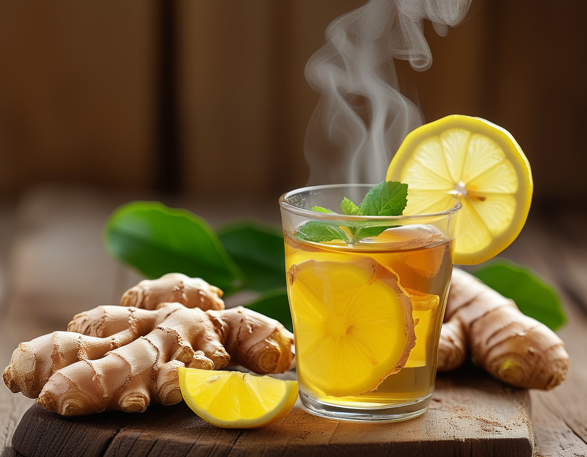 A cozy scene featuring a person holding a warm cup of ginger lemon tea, relaxing in a blanket with a serene expression, illustrating stress relief and comfort.