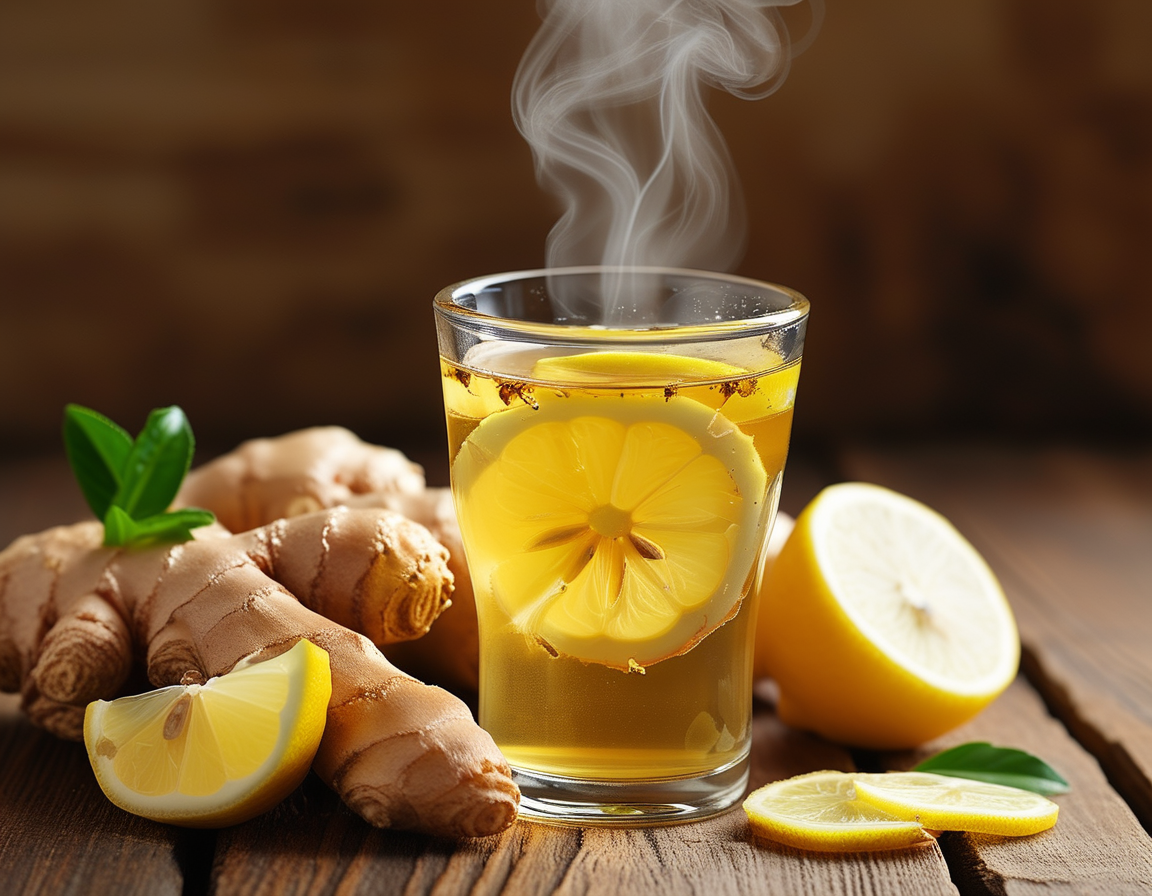 A refreshing glass of warm ginger lemon water on a kitchen counter, surrounded by whole lemons and pieces of ginger, showcasing natural and healthy ingredients.