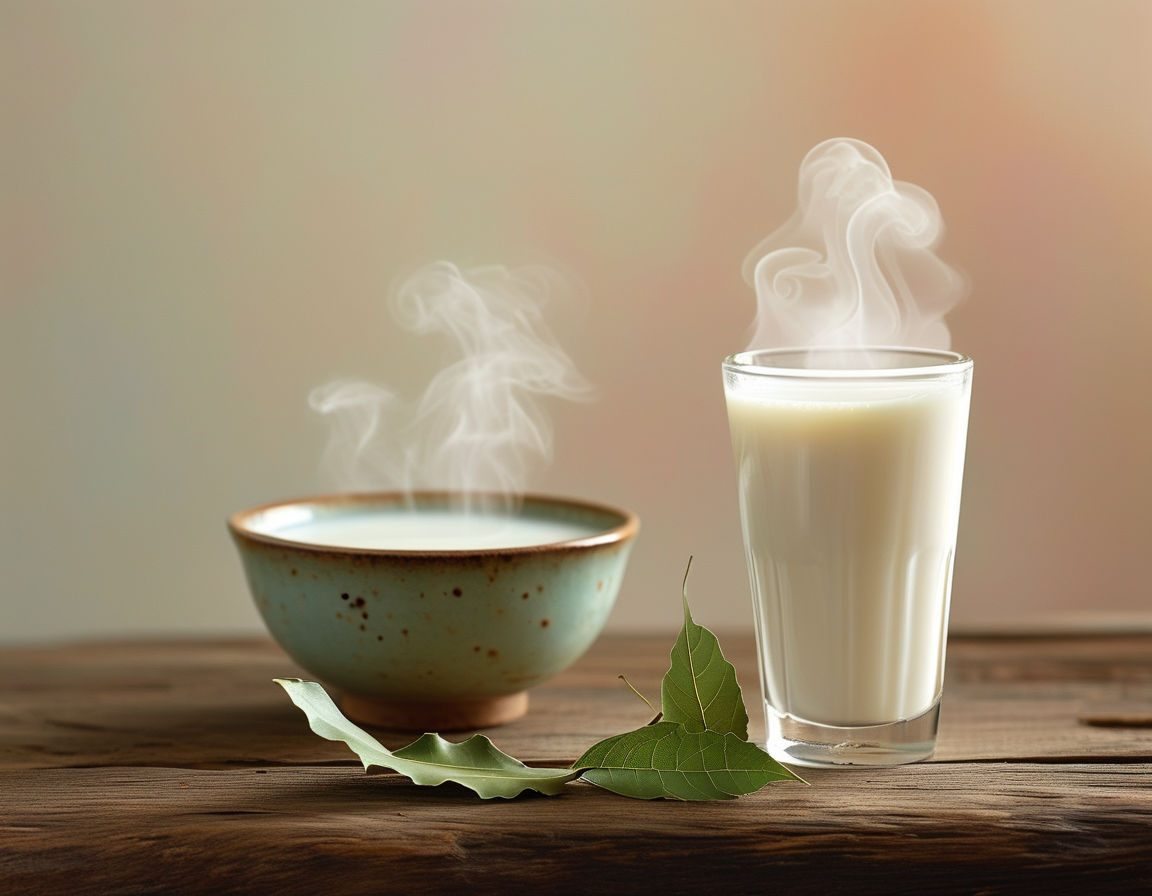 A cozy scene of a person enjoying a warm cup of milk while reading about natural remedies, with bay leaves and candles in the background, promoting relaxation and health.