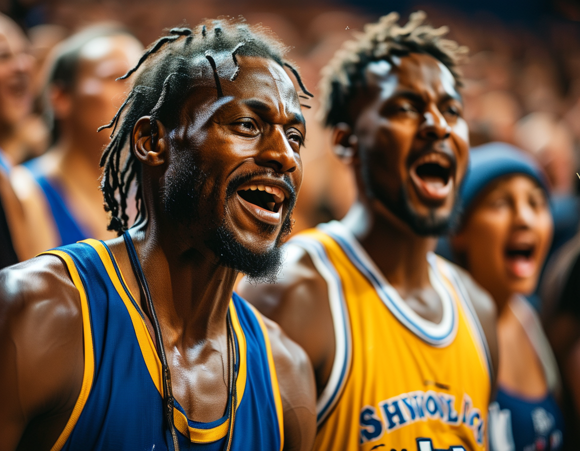 A passionate crowd cheering at the basketball game, showcasing fans wearing St. John's gear with an upset expression after a close match.