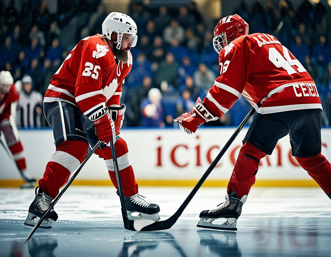 An action-packed moment from the 4 Nations Face-Off featuring Jack Eichel in a heated matchup, with players from Canada and Sweden engaged in fierce competition on the ice.