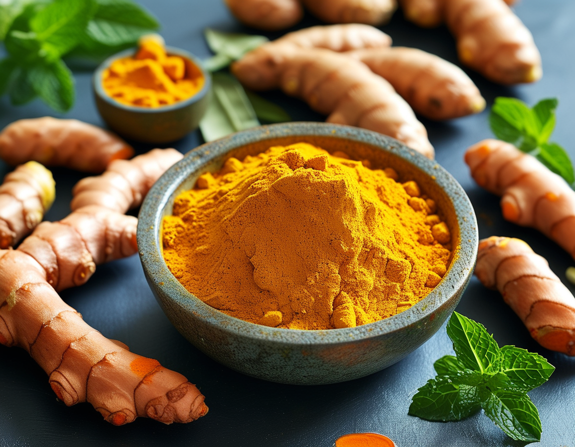 A bright, vibrant bowl of turmeric powder surrounded by whole turmeric roots and fresh herbs, symbolizing the health benefits of this powerful spice.