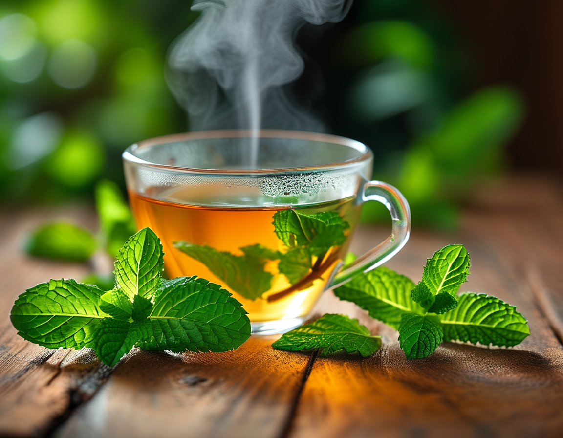 A tranquil setting featuring a bottle of peppermint essential oil, an aromatherapy diffuser, and a soothing cup of peppermint tea, creating a calming atmosphere perfect for wellness and relaxation.