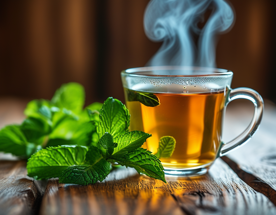 A person enjoying a cup of peppermint tea, surrounded by fresh mint leaves, with a peaceful expression, illustrating the calming and rejuvenating effect of peppermint on health and wellness.