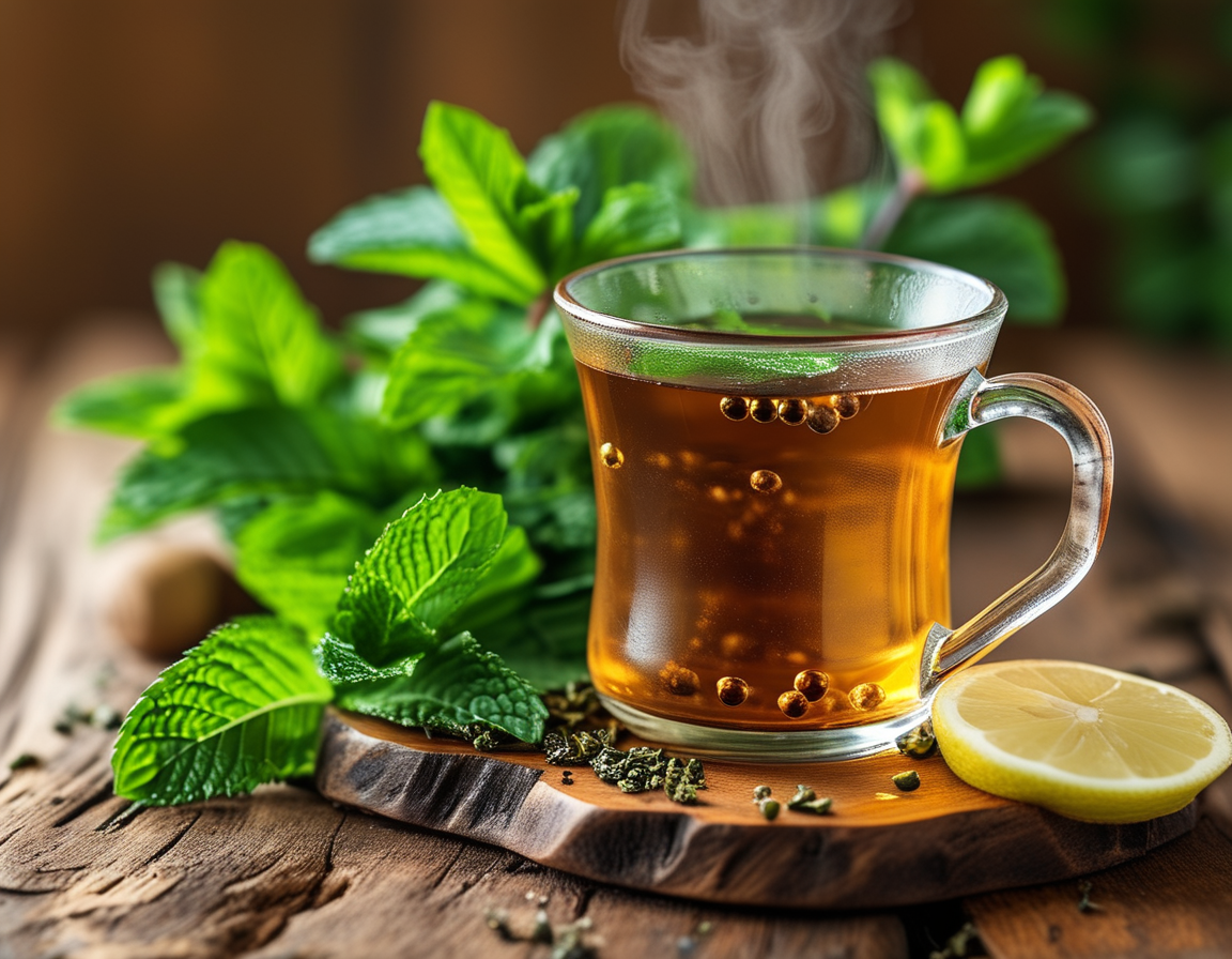 A steaming cup of gunpowder and mint tea placed on a wooden table surrounded by fresh mint leaves and a slice of lemon, showcasing a natural and soothing remedy. 