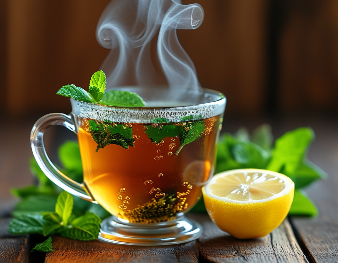 A vibrant glass of coconut water mixed with gunpowder, garnished with fresh mint leaves, highlighting a refreshing and detoxifying drink.