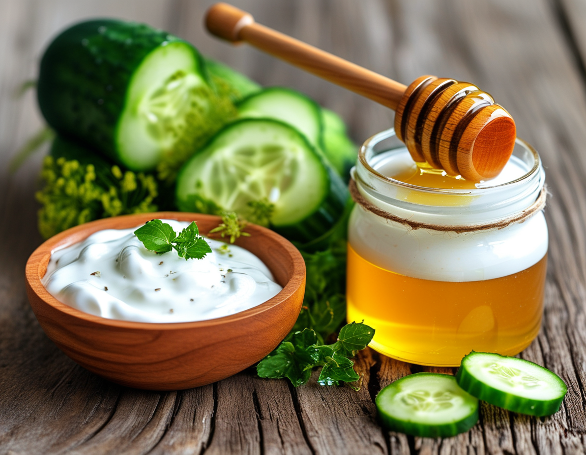An arrangement showcasing cucumber slices, cucumber juice, and a mixture of honey and yogurt, placed on a wooden table, capturing the essence of natural skincare remedies.