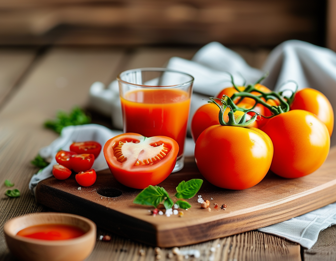 A vibrant display of fresh tomatoes sliced on a wooden cutting board next to a small bowl of tomato juice, showcasing their versatility in both skincare and cooking.