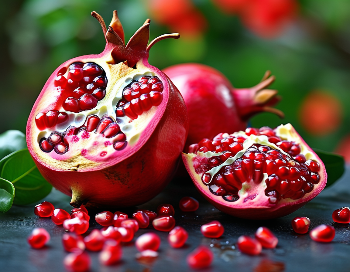 A vibrant display of fresh pomegranate fruits, sliced open to reveal their juicy red seeds, symbolizing health benefits and natural beauty.