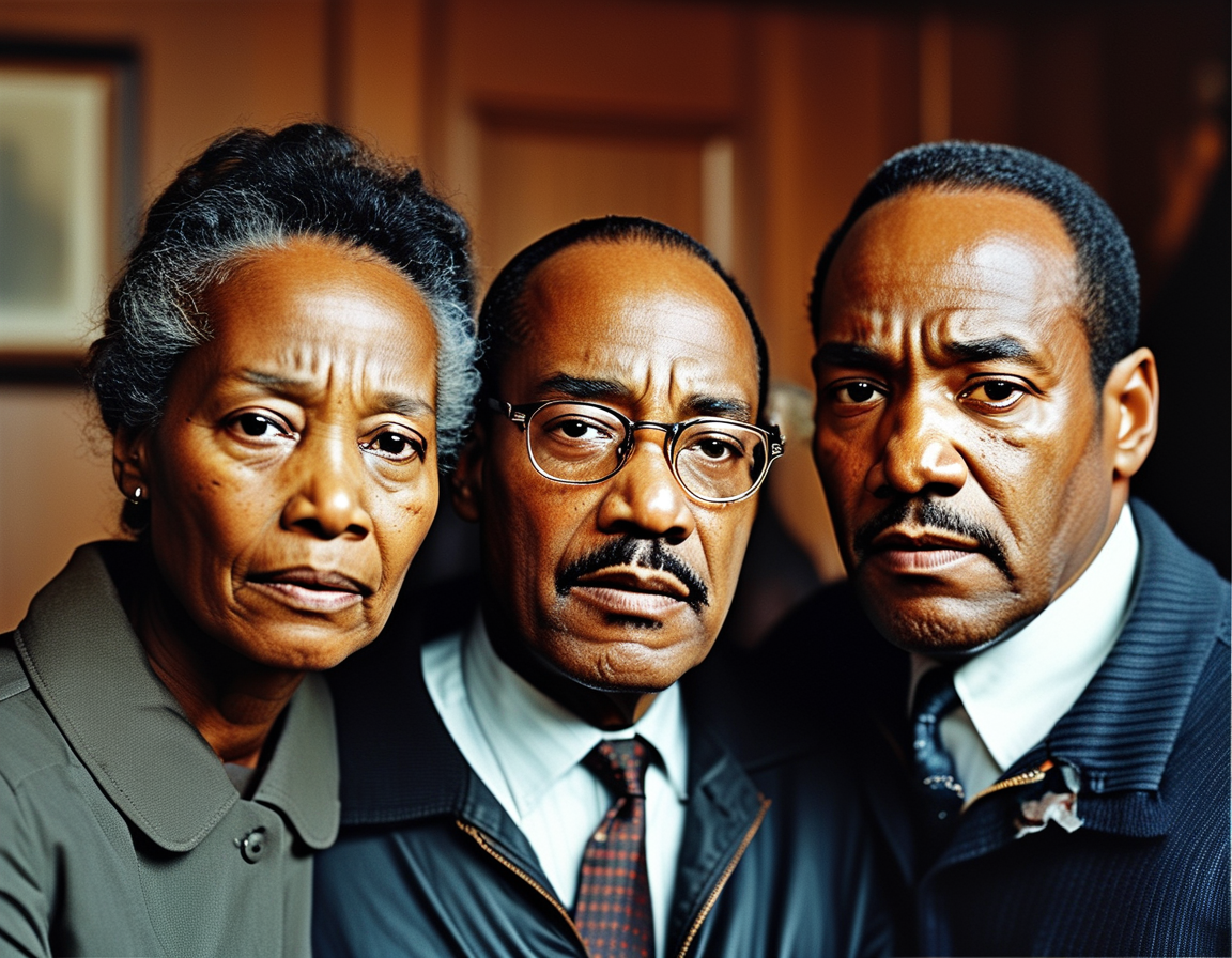 A somber image of Martin Luther King Jr.'s family gathered together, reflecting concern over the possible resurgence of unfounded allegations and FBI scrutiny, emphasizing their desire to protect his legacy.